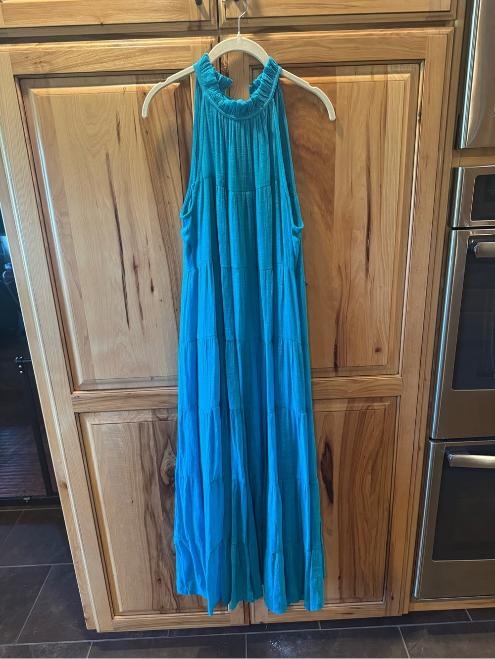 JODIFL Turquoise Halter Tiered Maxi Dress